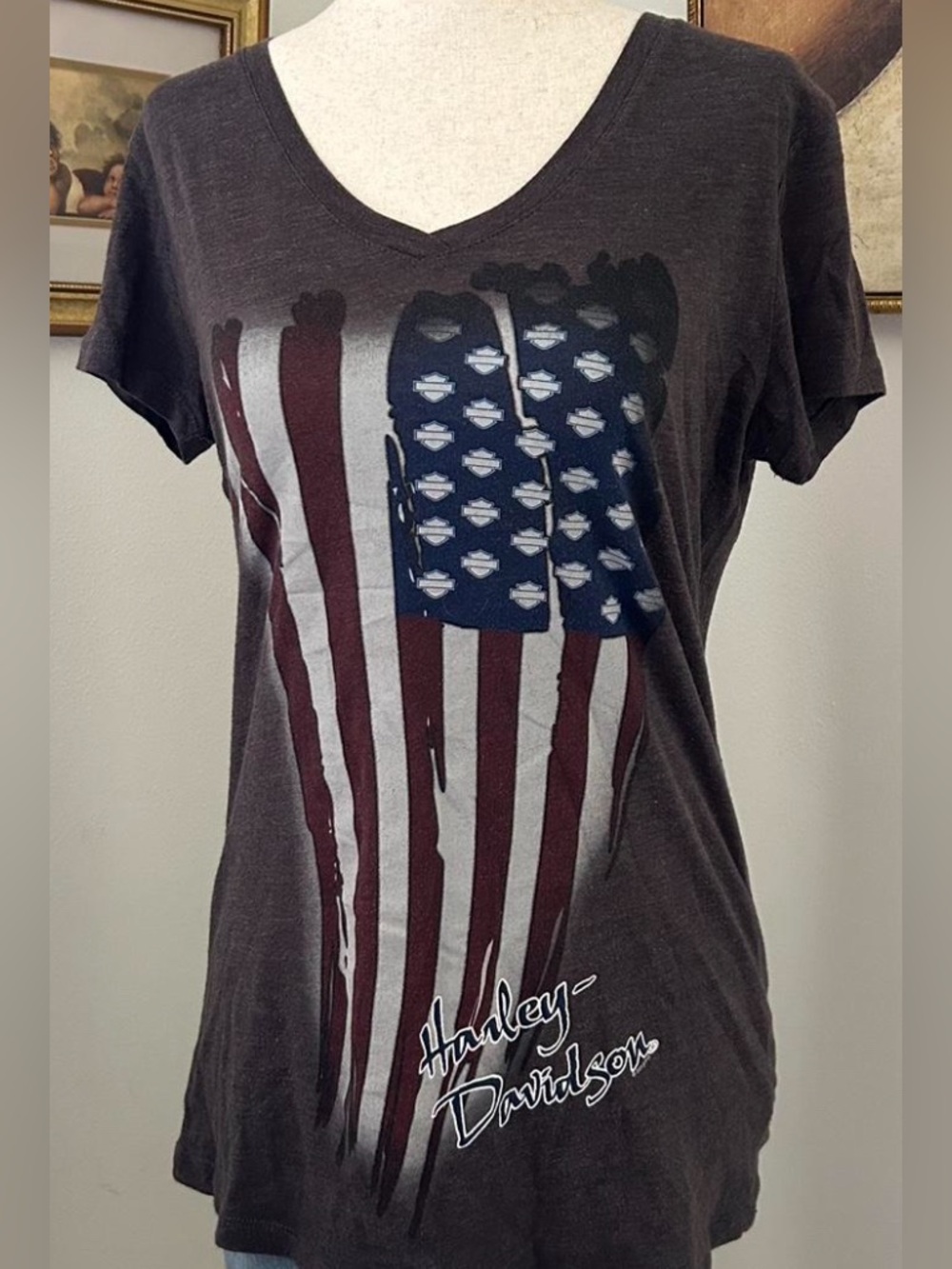 Harley-Davidson Women's Distressed Flag V-Neck Tee - Charcoal, Red, Blue, White